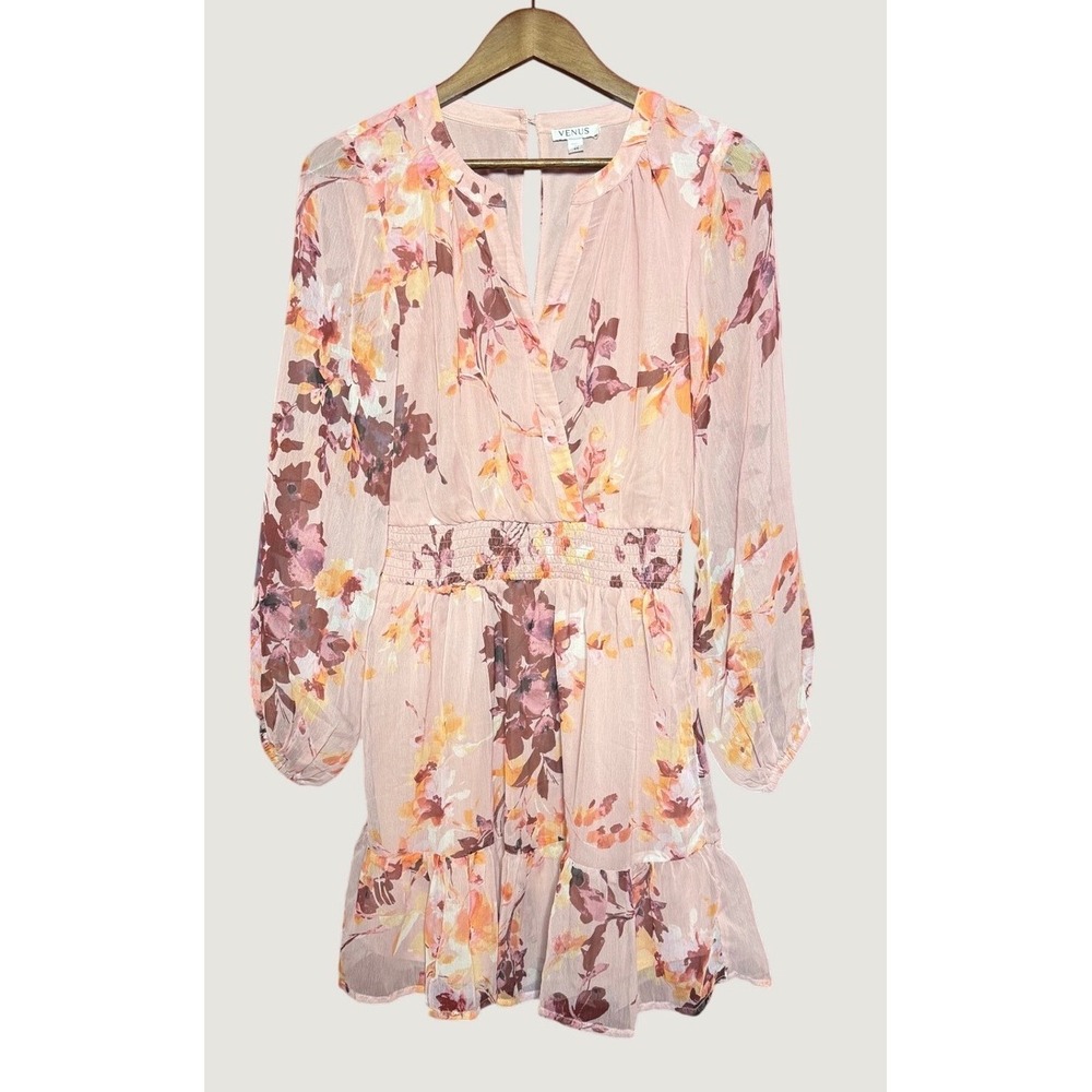 Venus Floral Mini Dress Women XS Pink Excellent Smocked Waist Long Sleeve